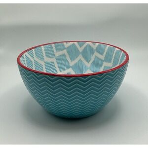 Pfaltzgraff Everyday Bowl Soup Cereal Pad Print Blue Geometric Chevron Red Rim